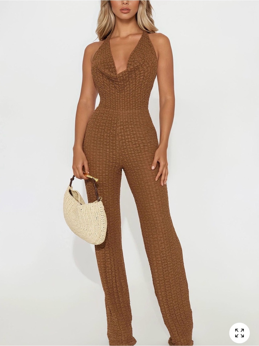 Fashion Nova Sleeveless Cowl Neck Knit Jumpsuit in Brown